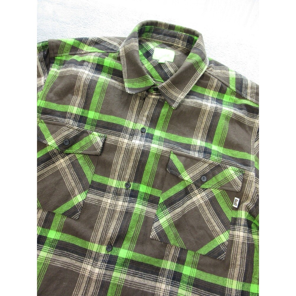 HUF Flannel Buttoned Shirt Mens XL Plaid Green Brown Workwear Pockets Cotton
